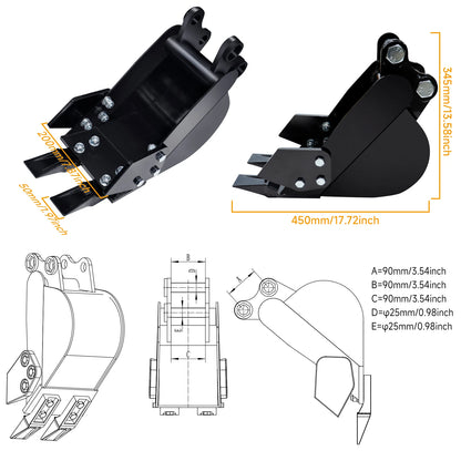 Narrow Digging Bucket for 1–1.5 Ton Mini Excavator | 200mm (7.9") | USA Stock | 25mm Pin, 88mm Center, 90mm Span