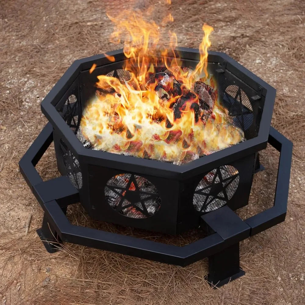 35 Inch Octagonal Fire Pit with Cooking Grill,Outdoor Wood Burning Fire Pit for Camping Outside Picnic Bonfire,