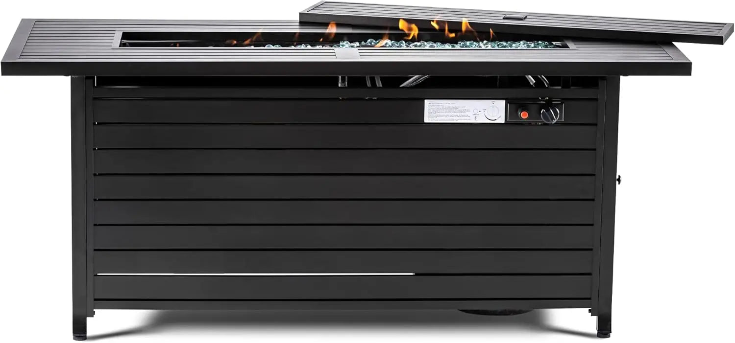 57 inch Gas Fire Pit Table Outdoor Propane Fire Pit Table, 50000BTU Fire Table with Lid, Retangular Bronze Firepit Table
