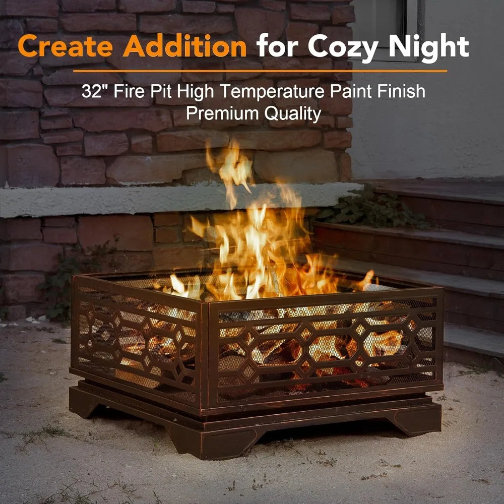 Outdoor Fire Pit, 32 Inch Wood Burning Firepit for Outside with Mesh Cover & Fire Poker, Large Square Metal Fireplace for Patio,