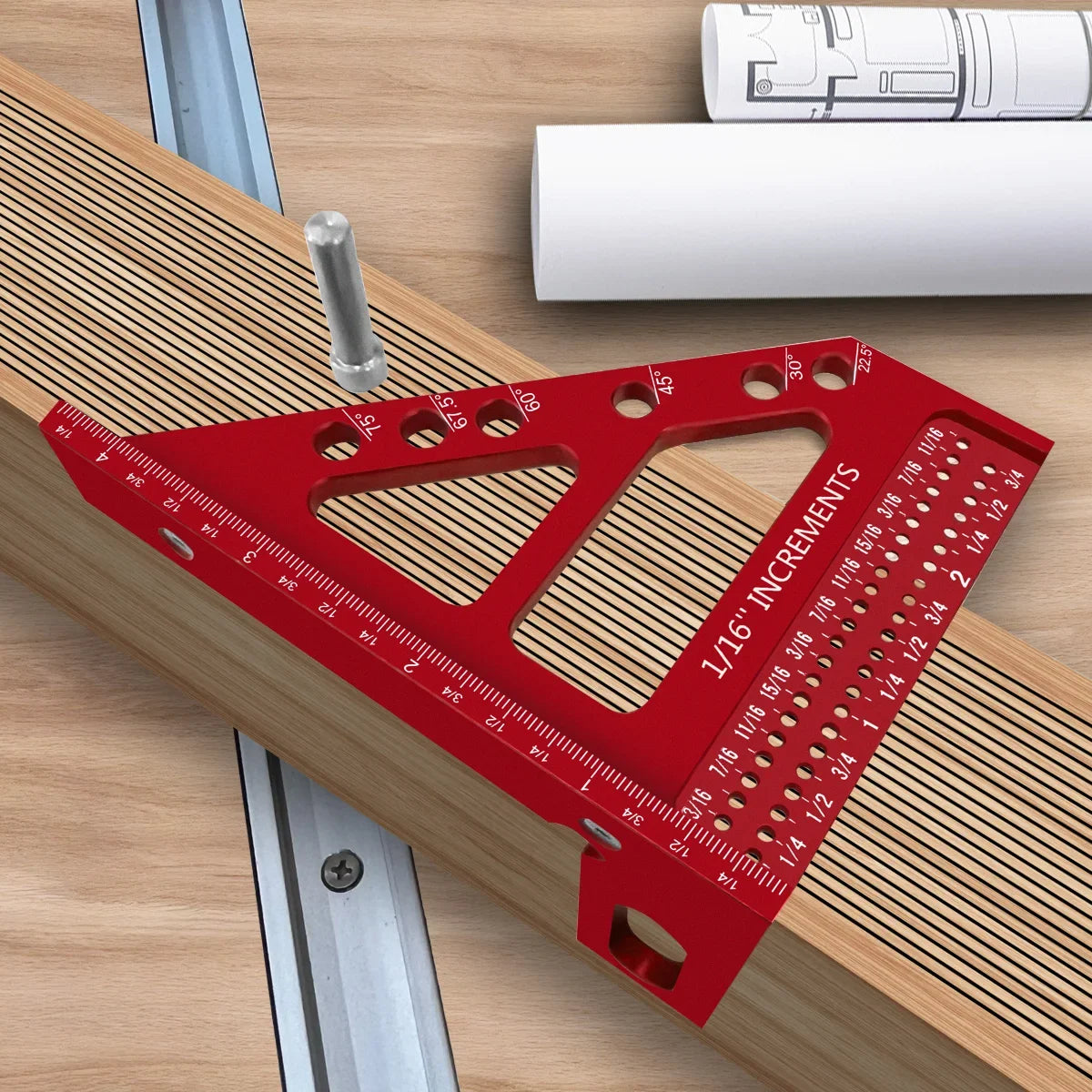 3D Multi-Angle Woodworking Square Protractor – CNC Aluminum Alloy Triangle Ruler & T-Type Scriber for 22.5°/30°/45°/60°/67.5°/90° Marking