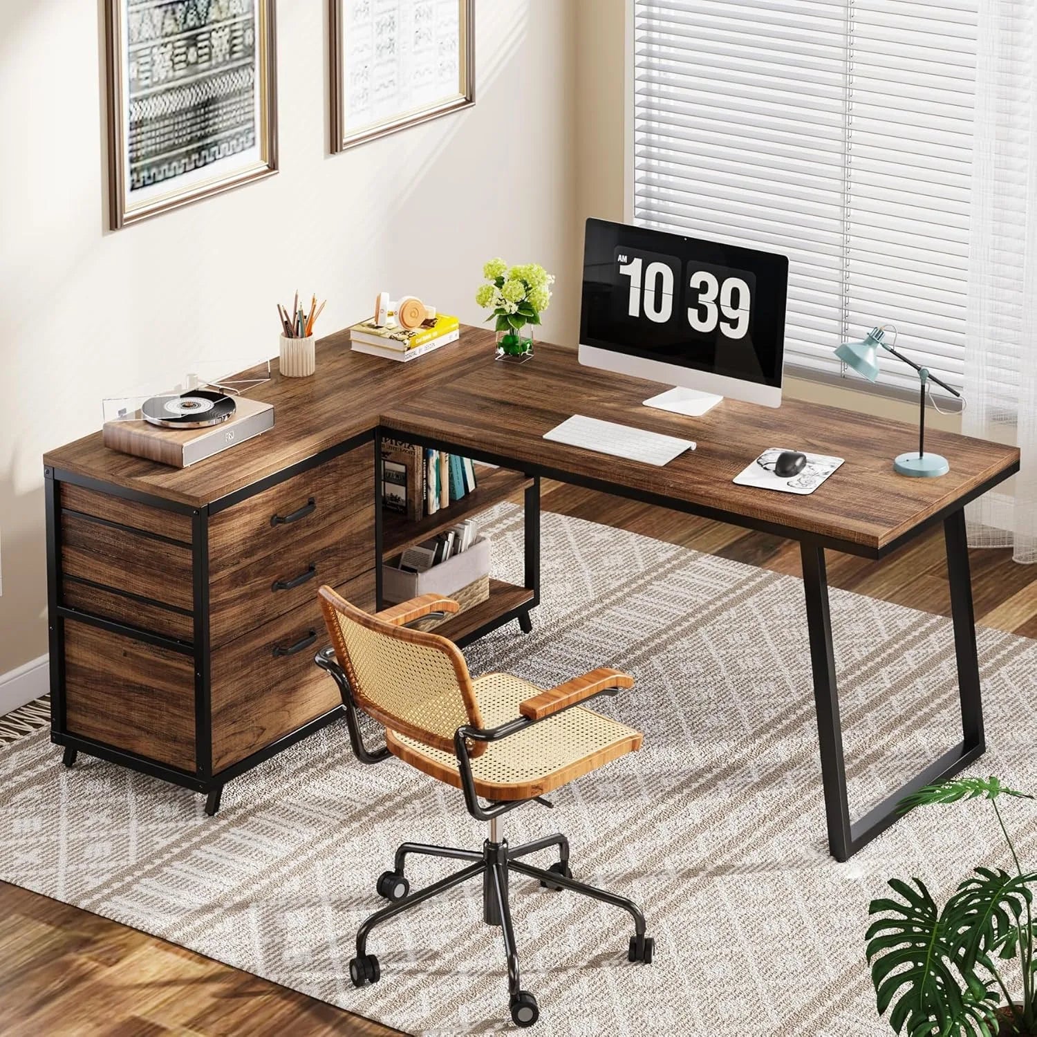 L-Shaped Computer Desk with 3 Drawers,Home Office Desk with Shelves, 53-Inch Industrial PC Desk for Small Space, Rustic Brown