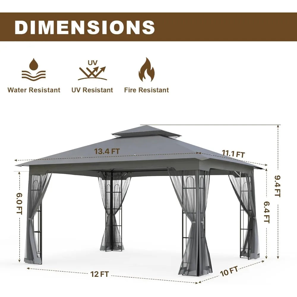 10x12 Outdoor Gazebo Tent with Netting, Double Roof Patio Gazebo with Soft Fabric Top, Outdoor Pavilion for Backyard Patio Garde