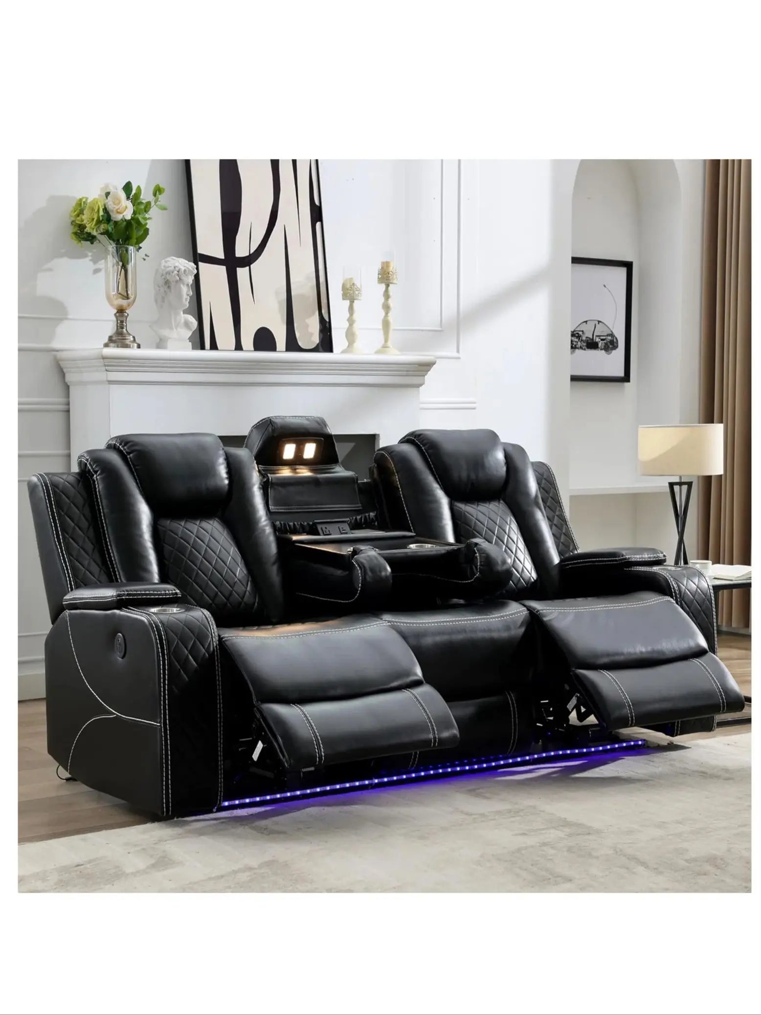Power Reclining Sofa 0 Gravity w/ Wireless Charger,LED Floor Lights,Reading Light, Drop-down Table USB/Type-C Port(070)