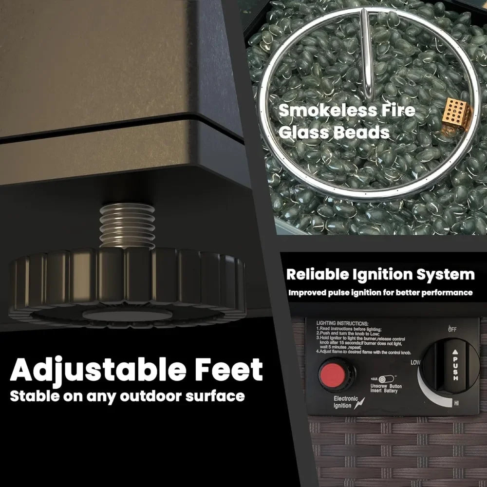 Propane Outdoor Fire Pit Table, 28" Rattan Square Fire Pit Table, Outdoor Gas FirePit W/Glass Wind Guard,Tempered Glass Tabletop