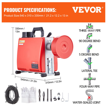 Drain Cleaner Machine 250W Electric Sewer Snake Auger Manual Feed with 7 Cutters 2 Steel Cables CW/CCW Control for Home