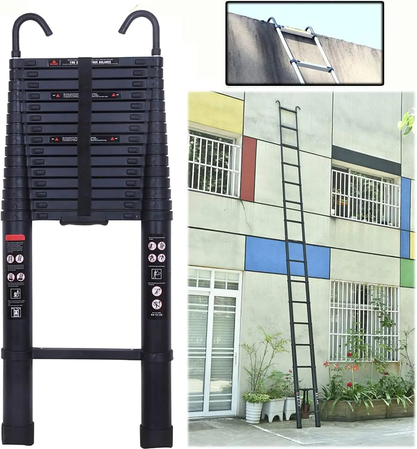 3.2–6.2M Telescopic Ladder with Roof Hook Kit – Heavy-Duty Aluminum Multi-Purpose Folding Extension Ladder for Loft, Roof & Home Use