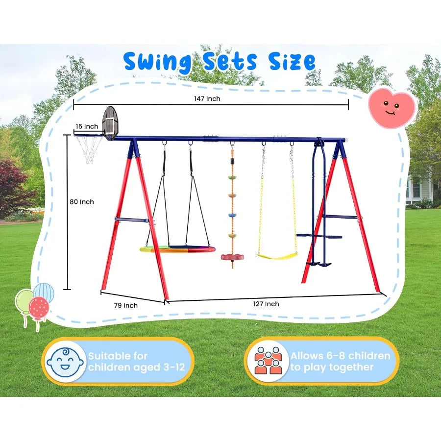 5 in 1 HeavyDuty Metal Swing Set for Backyard Outdoor Play for Aged 312 Featuring Saucer Swing Rope Swing Glider and Basketball