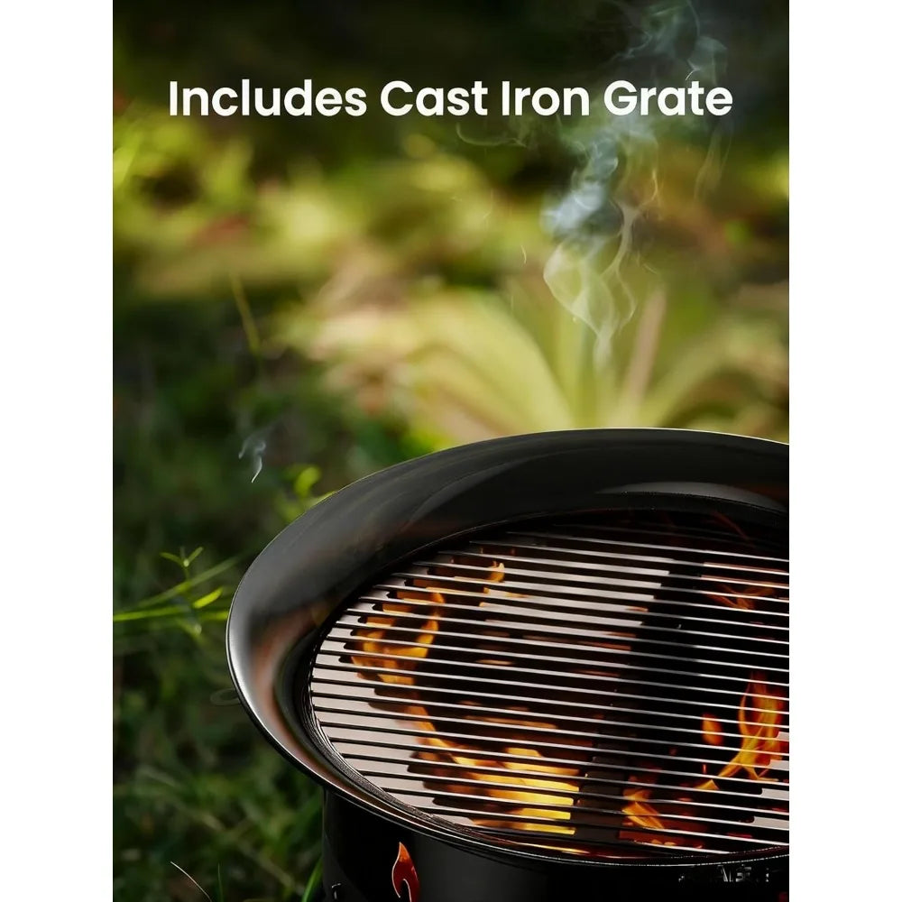 19 Inch Large Outdoor Propane Fire Pit with Grill, Folding Legs, Hose Hooks, Tank Holder, Cover, and Carry Bag