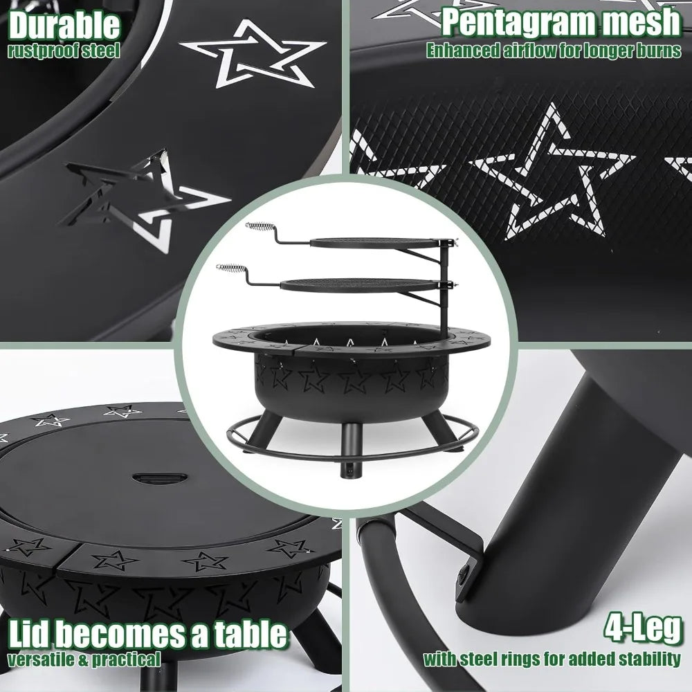 32.5" 3-in-1 Fire Pit Table with Dual Grills – Wood Burning Firepit for Outside Cooking,BBQ Grate & Round Patio Table – Includes