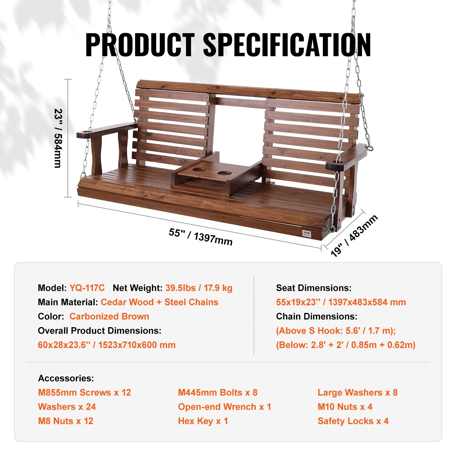 Wooden Porch Swing 5 ft Patio bench swing for Courtyard Garden Upgraded 880 lbs Strong Load Capacity Swing Chair Bench