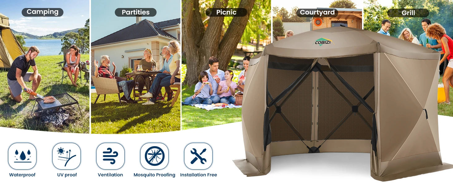 12x12ft Pop up Gazebo Screen House Tent with Mosquito Netting, 6 Sided Pop-up Canopy Shelter Tent Easy-Set Portable Gazebo