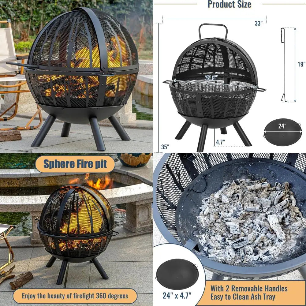 Heavy Duty 35 Inch Outdoor Wood Burning Fire Pit with BBQ Grill, Spark Screen, and Removable Ash Pan for Backyard Entertainment