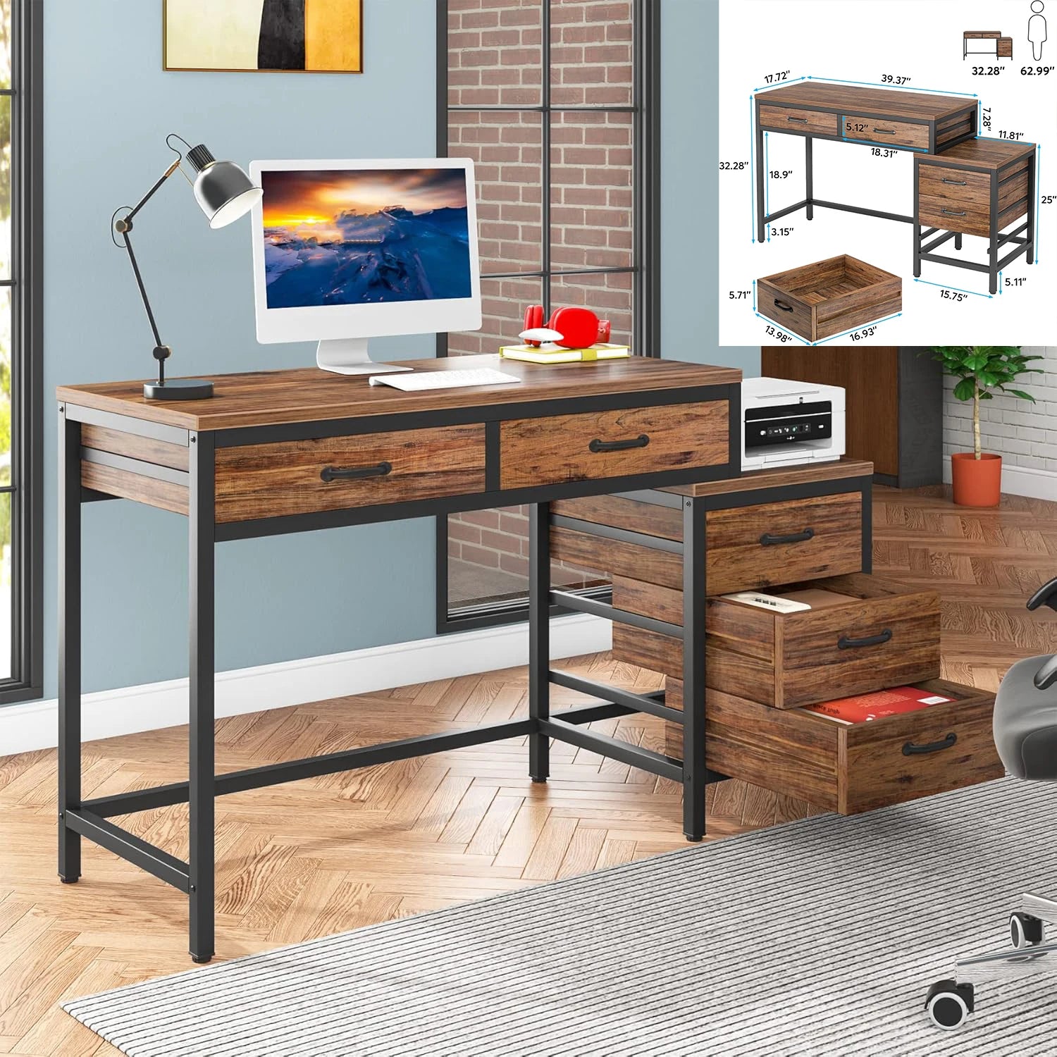 L-Shaped Computer Desk with 3 Drawers,Home Office Desk with Shelves, 53-Inch Industrial PC Desk for Small Space, Rustic Brown