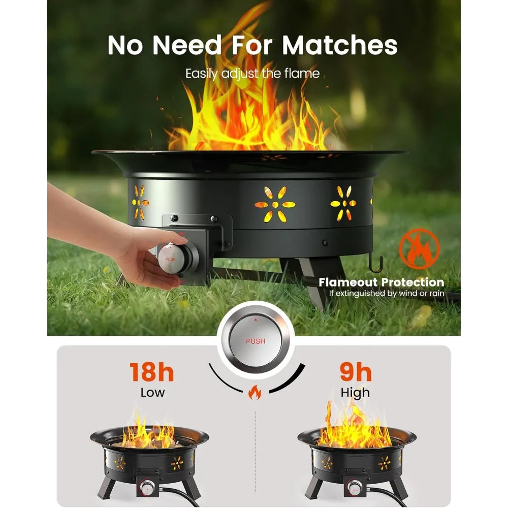 19 Inch Propane Fire Pit with Grill, 58,000 BTU, Folding Legs, Tank Holder, Cover, and Carry Strap - Amada Home Furnishing