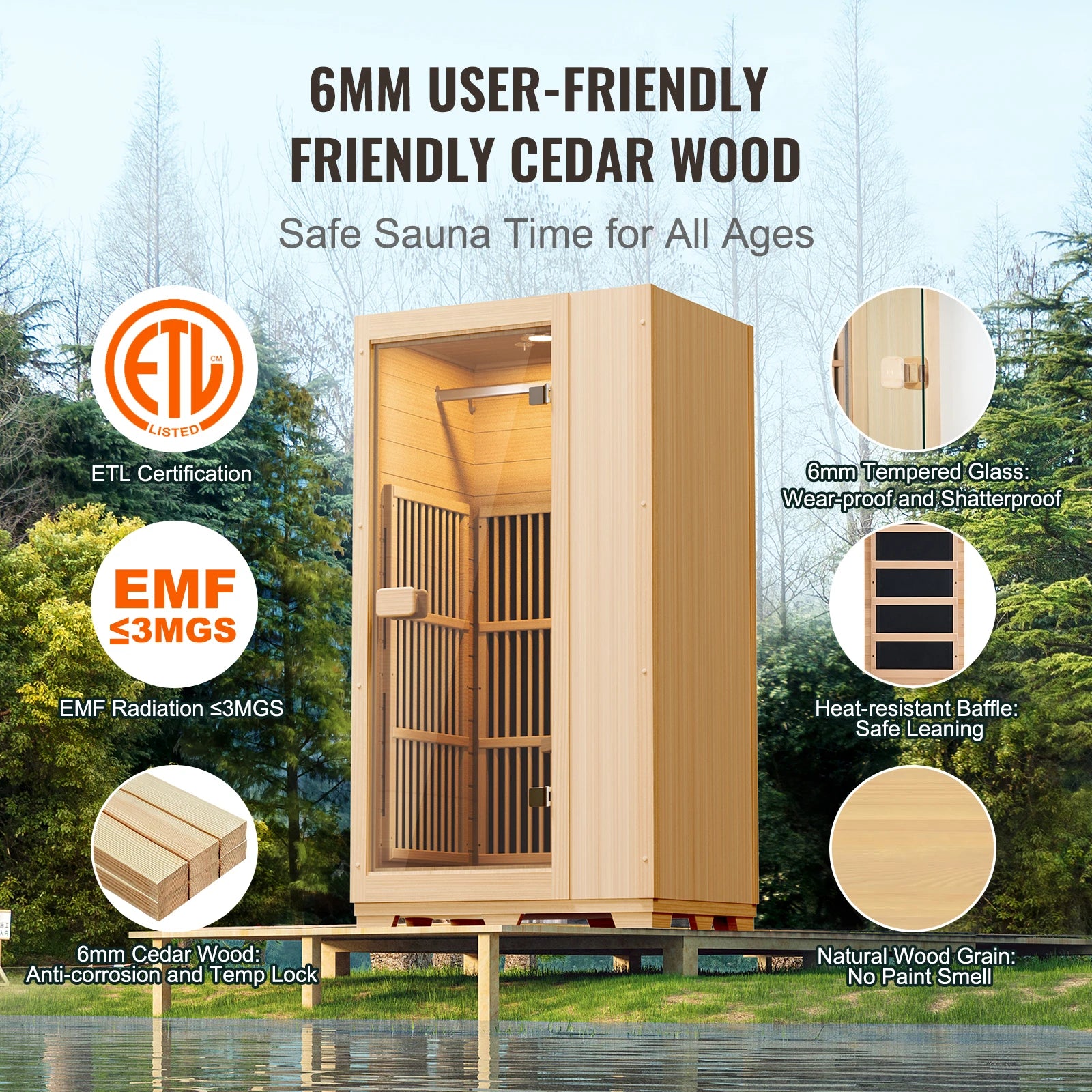Far Infrared Wooden Sauna  Room Home Sauna Spa for One Single Person  Low EMF Far Infrared Hemlock Wood  1140W Indoor