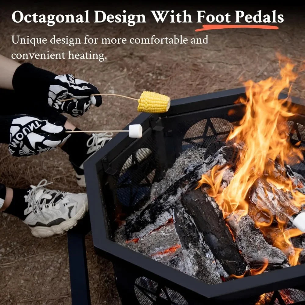 35 Inch Octagonal Fire Pit with Cooking Grill,Outdoor Wood Burning Fire Pit for Camping Outside Picnic Bonfire,