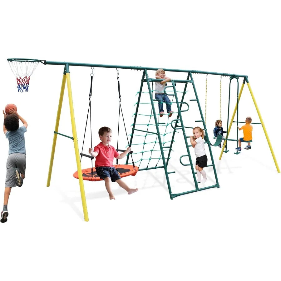 6 in 1 Heavy Duty Swing Set for Backyard Outdoor Play with Saucer Swing Climbing Frame and Net Glider Belt Swings Basketball Ri
