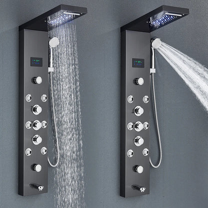 LED Shower Panel Tower System with Rainfall & Waterfall, Hydroelectric LCD Display, Body Massage Jets & Thermostatic Faucet – Black Stainless Steel
