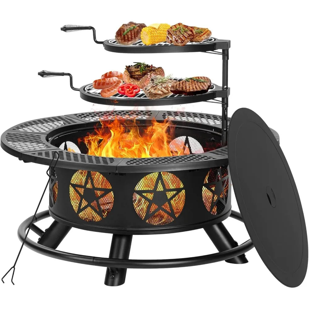 Fire Pit with Grills, Wood Burning Fire Pits for Outside with Lid & Poker, BBQ& Outdoor Firepit & Round Metal Table 3 in 1