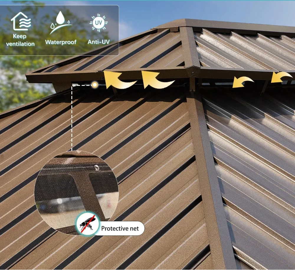 10' X 12' Hardtop Gazebo, Aluminum Frame Gazebos with Galvanized Steel Double Roof, Outdoor Metal Pavilion W/Curtain and Netting