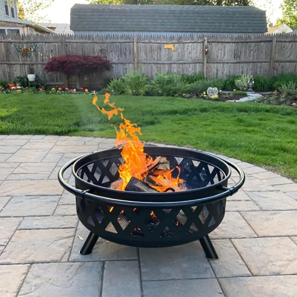 round outdoor 30" wood-burning fire pit with spark screen, log grate, and poker