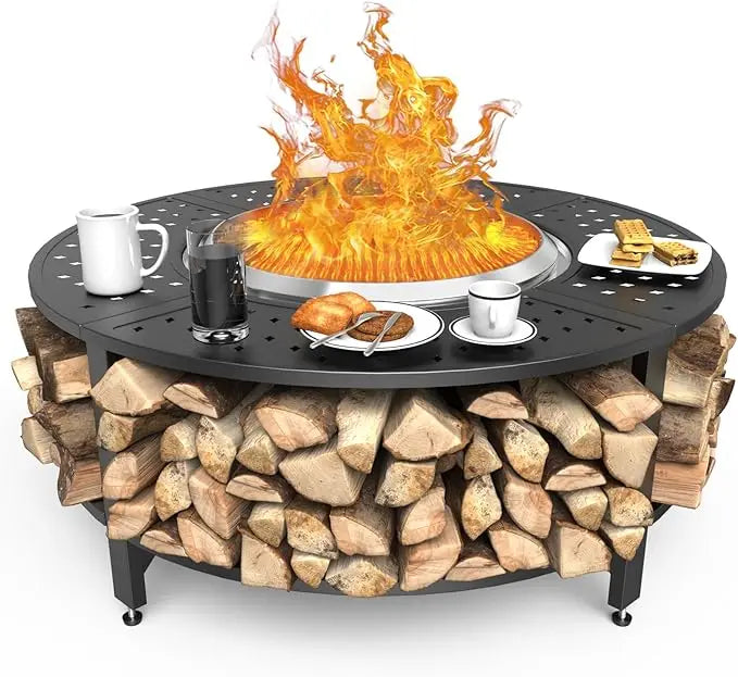 48" Fire Pit Surround Tabletop for Solo Stove Yukon/Bonfire & Tiki, Powder-Coated Steel Surround Table with Firewood Storage Sh