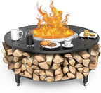 48" Fire Pit Surround Tabletop for Solo Stove Yukon/Bonfire & Tiki, Powder-Coated Steel Surround Table with Firewood Storage Sh