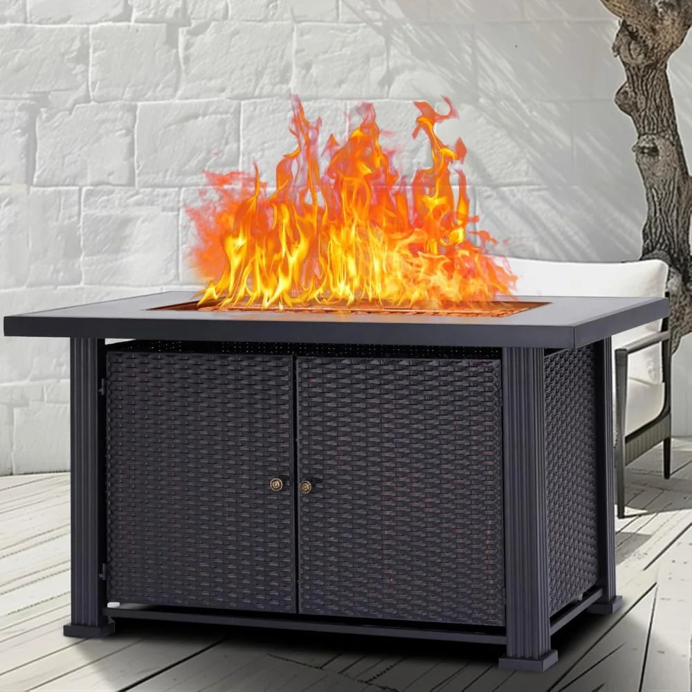 44 Inch Propane Outdoor Fire Pit Table, 50000BTU Rectangle Double Door Fire Table with Cover & Rain Cover, Add Warmth
