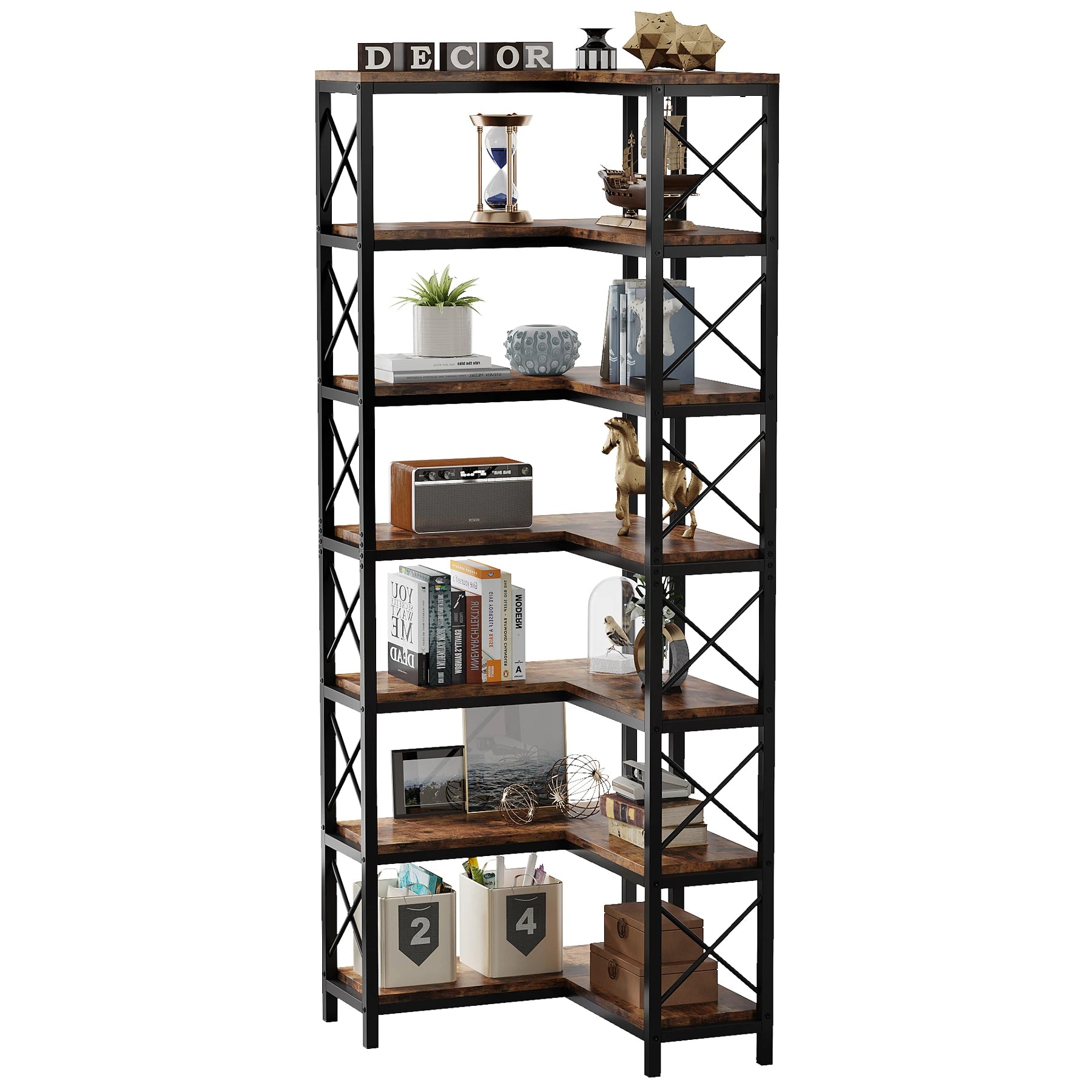 7-Shelf Corner Bookshelf,Large Modern Corner Bookcase, 7-Tier Tall Corner Shelf Storage Display Rack with Metal Frame