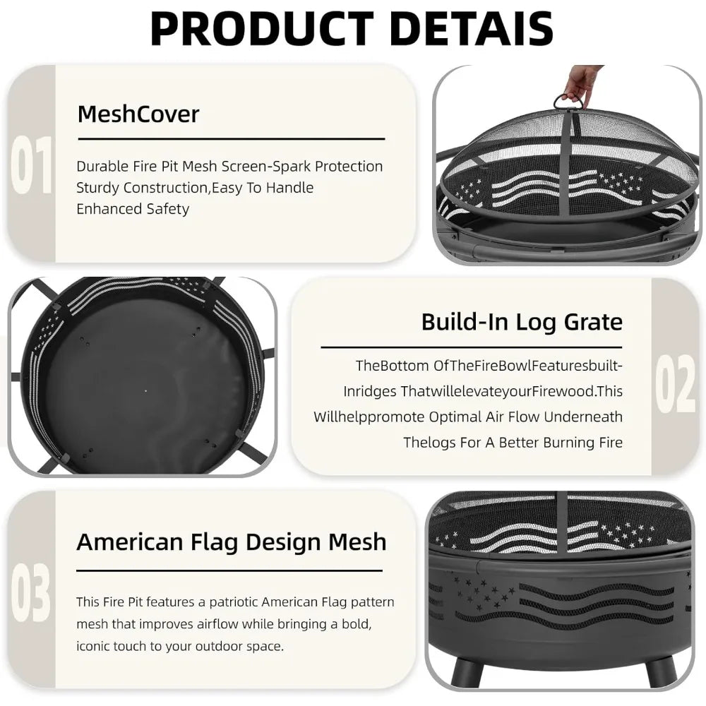 Flag Fire Pit with Mesh Cover & Poker - Round Metal Wood Burning Outdoor Firepit for Patio - ( Garden Backyard)