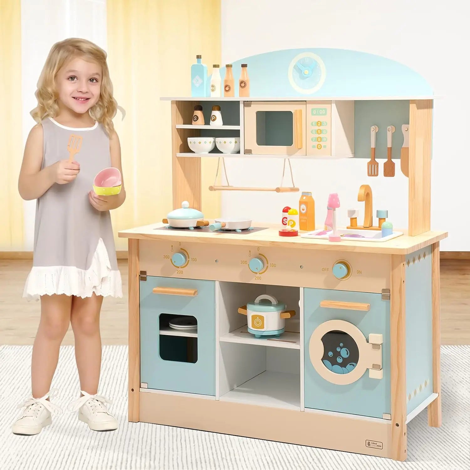 Robotime Robud Wooden Kitchen for Kids Play Kitchen with Plenty of Play Features Toddler Kitchen Set Gift for Girls Boys 3+