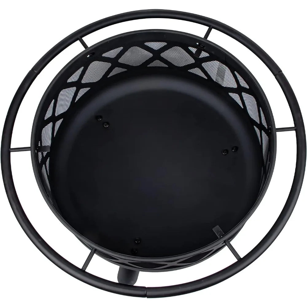 round outdoor 30" wood-burning fire pit with spark screen, log grate, and poker
