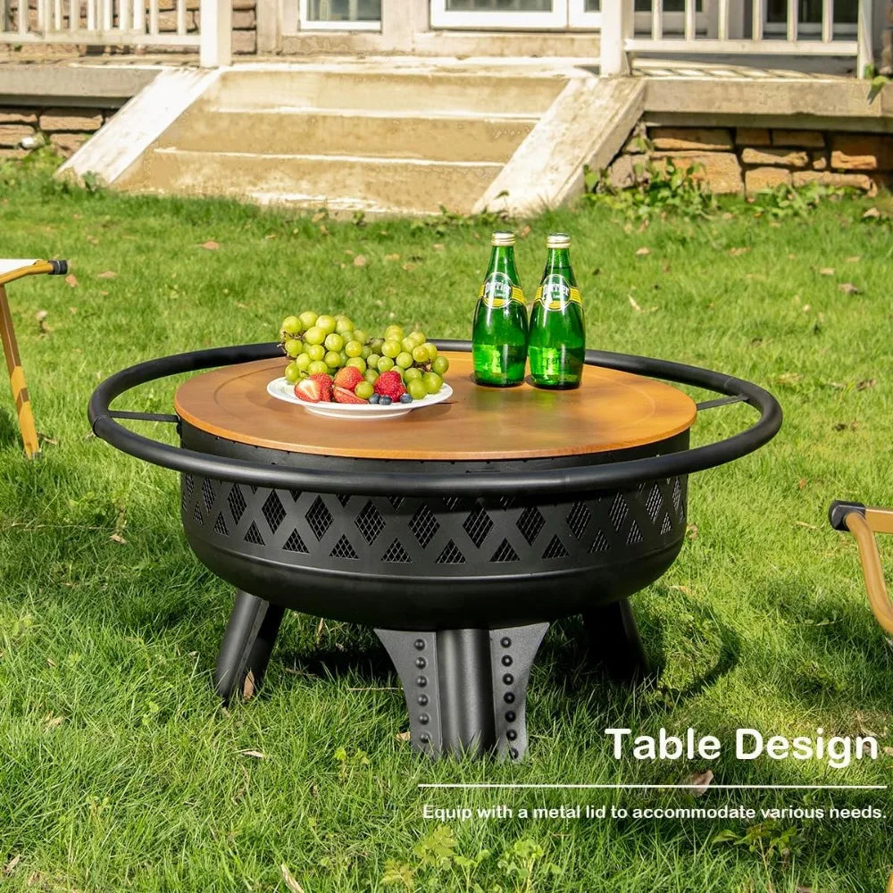 outdoor 32" round metal fire pit table with grill and lidded wood burning patio heater