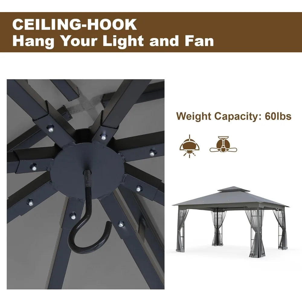 10x12 Outdoor Gazebo Tent with Netting, Double Roof Patio Gazebo with Soft Fabric Top, Outdoor Pavilion for Backyard Patio Garde