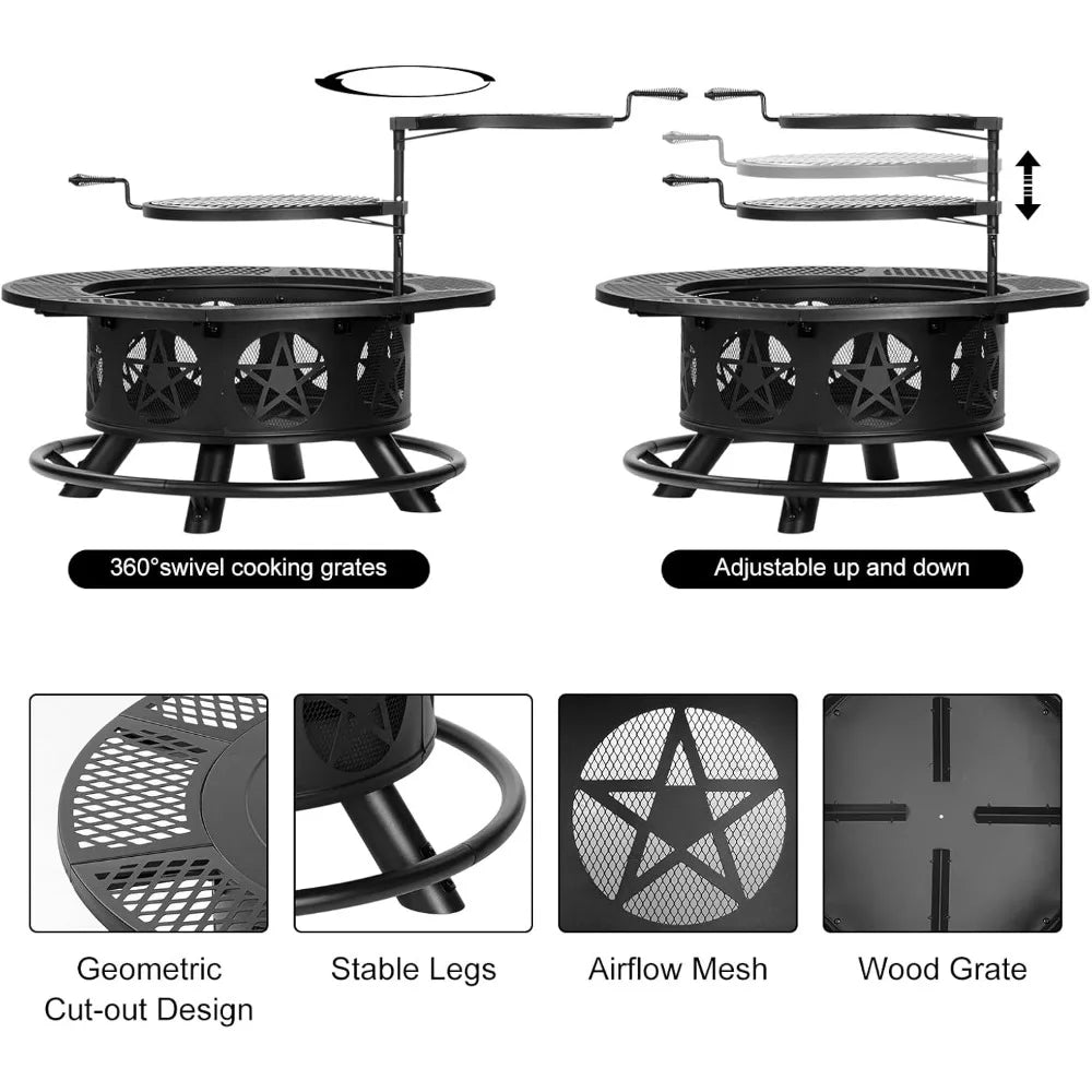 Fire Pit with Grills, Wood Burning Fire Pits for Outside with Lid & Poker, BBQ& Outdoor Firepit & Round Metal Table 3 in 1