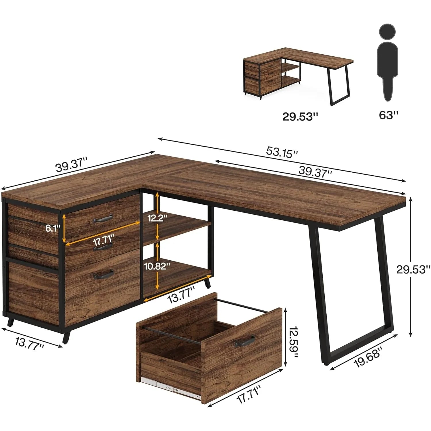L-Shaped Computer Desk with 3 Drawers,Home Office Desk with Shelves, 53-Inch Industrial PC Desk for Small Space, Rustic Brown