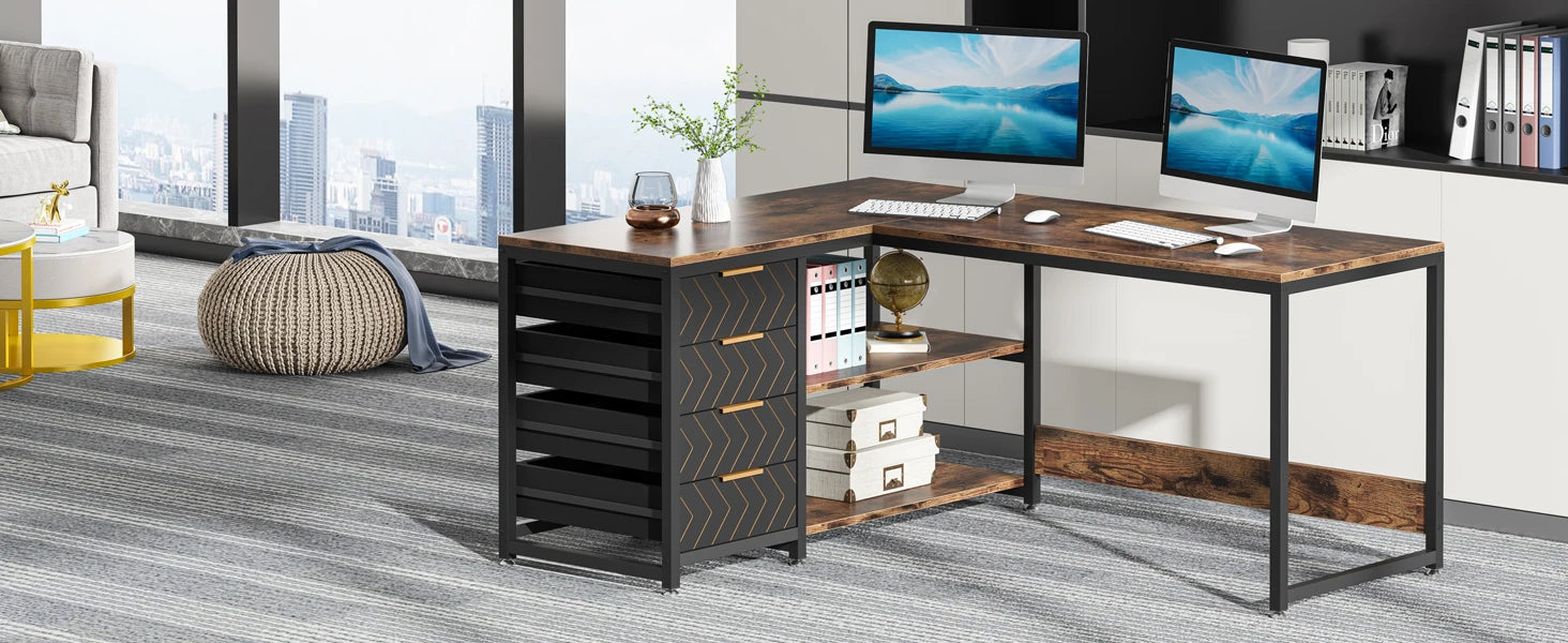 Tribesigns L Shaped Computer Desk with Storage Drawers, 59 inch Corner Desk with Shelves, Reversible L-Shaped Office Desk Study