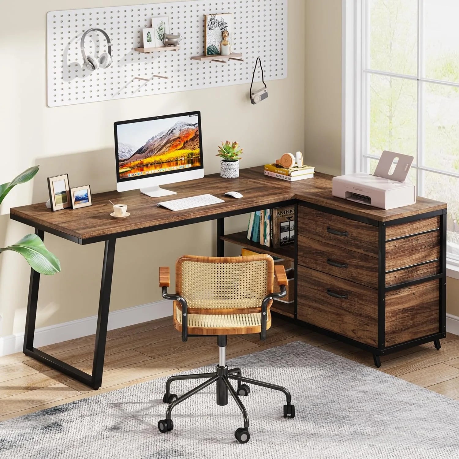 L-Shaped Computer Desk with 3 Drawers,Home Office Desk with Shelves, 53-Inch Industrial PC Desk for Small Space, Rustic Brown