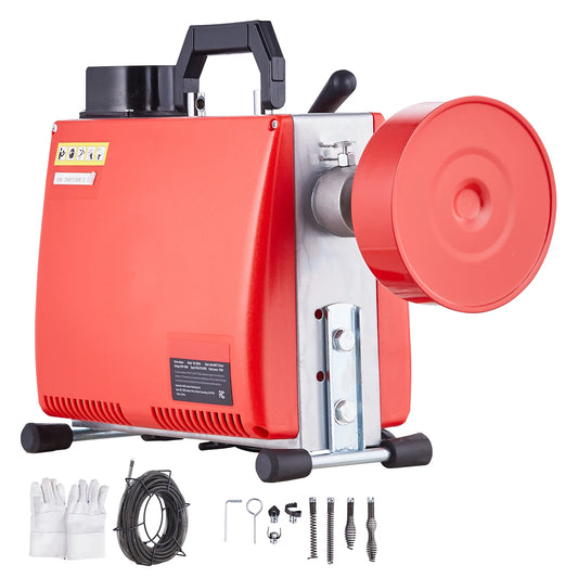 Drain Cleaner Machine 250W Electric Sewer Snake Auger Manual Feed with 7 Cutters 2 Steel Cables CW/CCW Control for Home