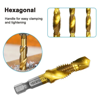 6PCS Titanium-Plated 4341 HSS Composite Tap and Drill Set – Integrated Tapping & Chamfering Tool Kit for Metal & Wood