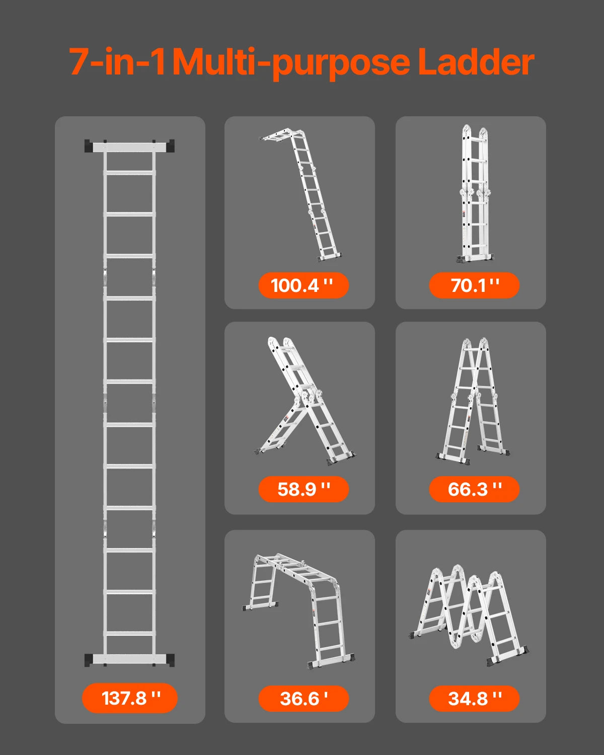 12ft Multi-Purpose Folding Ladder 7-in-1 | Adjustable Aluminum Telescoping A-Frame Step Ladder for Indoor & Outdoor Use