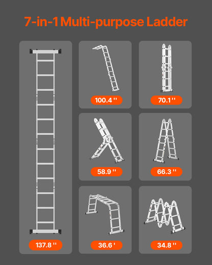 12ft Multi-Purpose Folding Ladder 7-in-1 | Adjustable Aluminum Telescoping A-Frame Step Ladder for Indoor & Outdoor Use