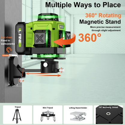 LFINE 3D/4D Laser Level 8/12/16 Lines Horizontal And Vertical With Remote Control 8 Lines 360°Self-leveling Laser Levels
