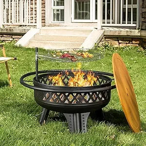outdoor 32" round metal fire pit table with grill and lidded wood burning patio heater