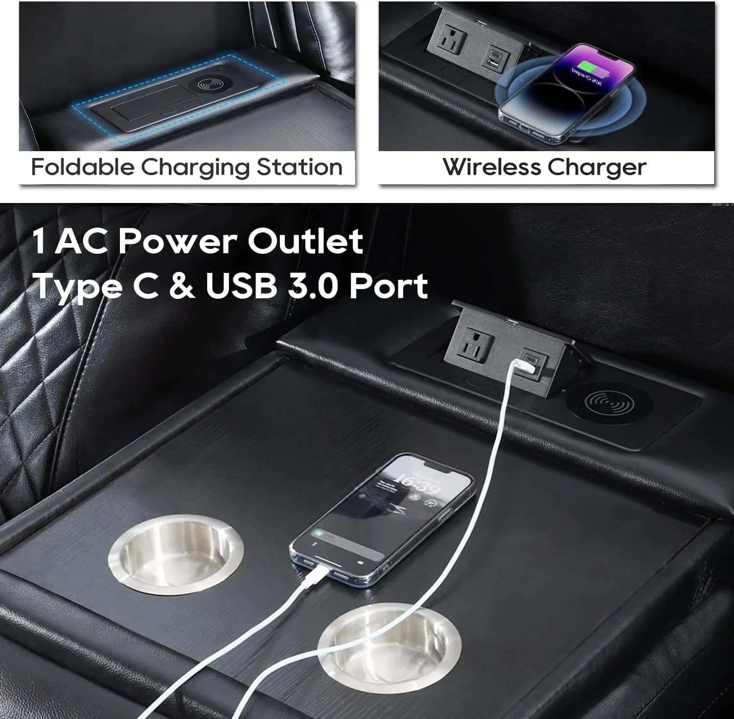 Power Reclining Sofa 0 Gravity w/ Wireless Charger,LED Floor Lights,Reading Light, Drop-down Table USB/Type-C Port(070)