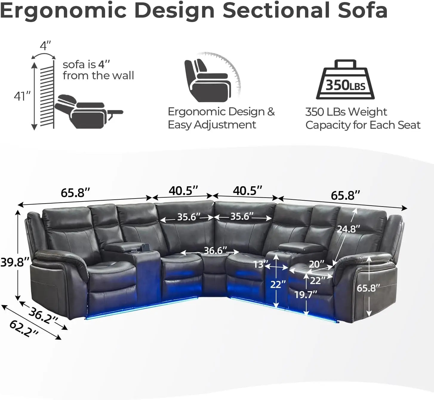 Power Recliner Sectional Sofa with LED Lights, USB, Cup Holders Storage Console Faux Leather Wall Hugger Living Room Couch