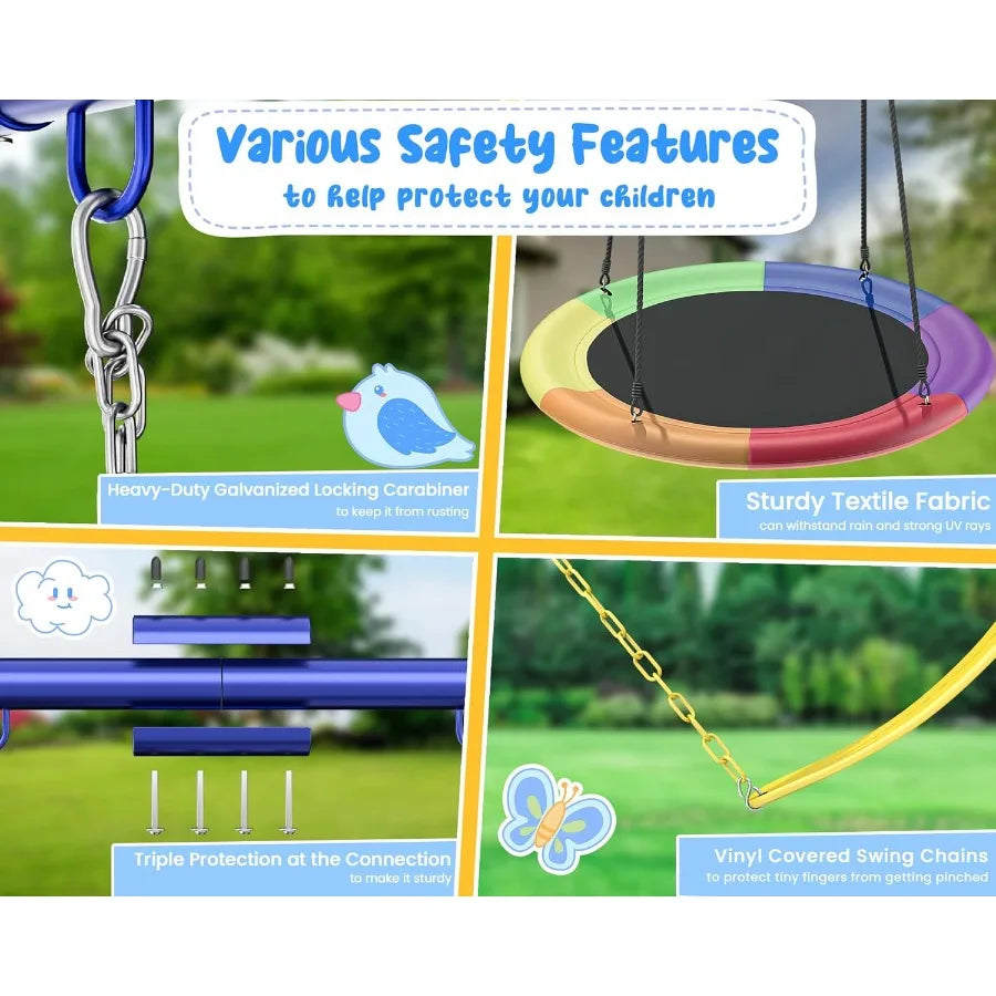 5 in 1 HeavyDuty Metal Swing Set for Backyard Outdoor Play for Aged 312 Featuring Saucer Swing Rope Swing Glider and Basketball