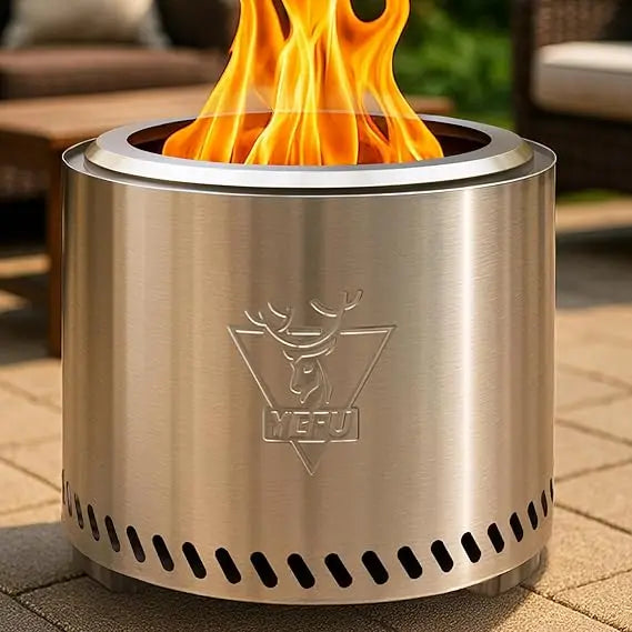 Portable outdoor fire pit with removable ash pan - 304 stainless steel, smokeless, 15" silver