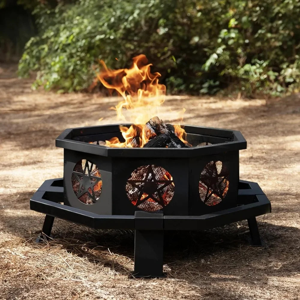 35 Inch Octagonal Fire Pit with Cooking Grill,Outdoor Wood Burning Fire Pit for Camping Outside Picnic Bonfire,